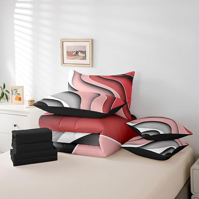 Rasberry Red Pink Grey Ombre Bedding Comforter Sets 7pcs for Girls Geometric Stripe Bed in a Bag, Aesthetic Wave King Bedding Sets Modern Abstract Comforter Set, Gradient Bedding Sets & Collections