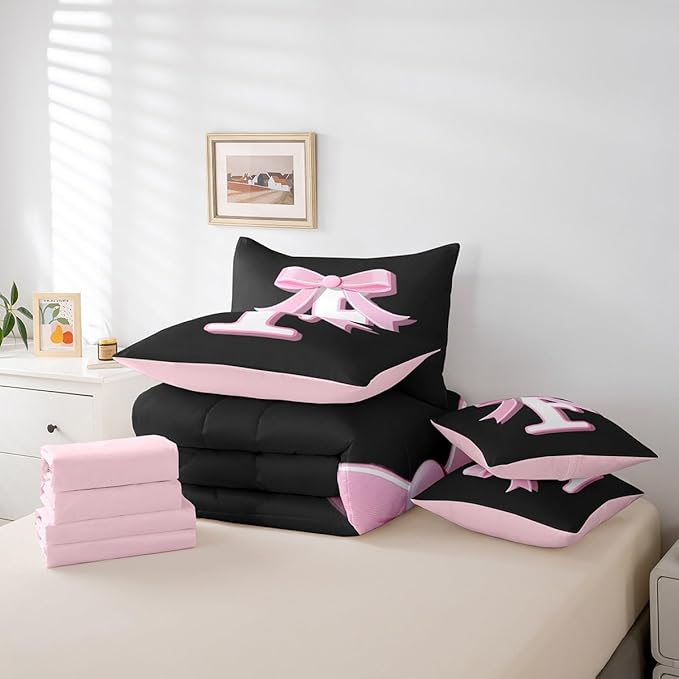 jejeloiu Kids Girls Black Pink Bow Comforter Set with Sheets Full Size Monogrammed 7 Piece Bedding Set Personalized Initial F Bed in a Bag with Comforter,Sheets,Pillowcases Modern Fashion Bed Set