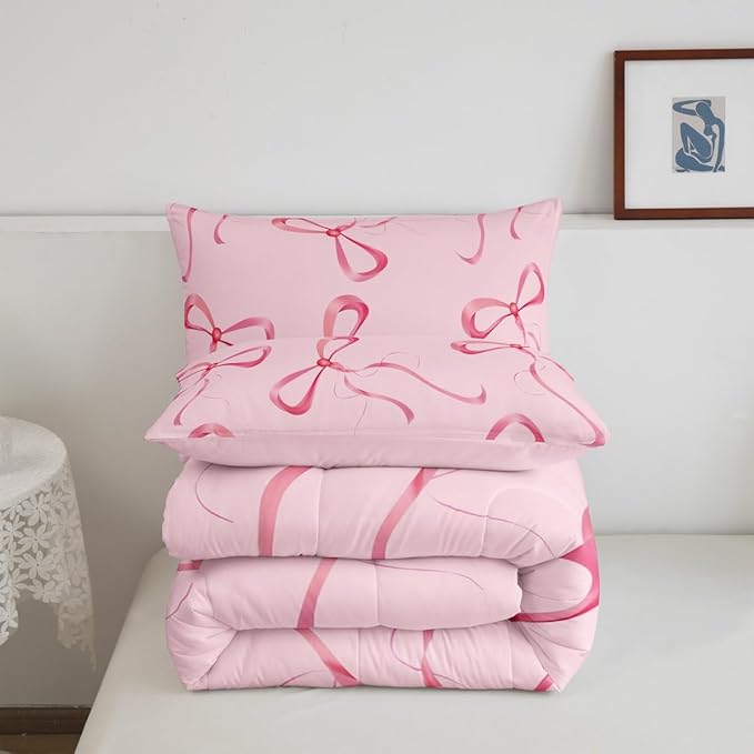 Erosebridal Pink Bow Bedding Set Queen Cute Kawaii Bow Comforter Set for Girls Kids Teen Women,Dreamy Princess Bowknot Comforter Girly Coquette Ribbon Butterfly Knot Quilt with 2 Pillow Cases
