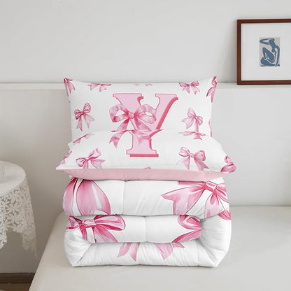 Erosebridal Initial Y Letter Comforter Set Kawaii Princess Bowknot Girls Toddler Bedding Set Dreamy Romantic Bow Bedding Comforter Sets Princess Style Bowknot Quilt Duvet for Kids Teen Women