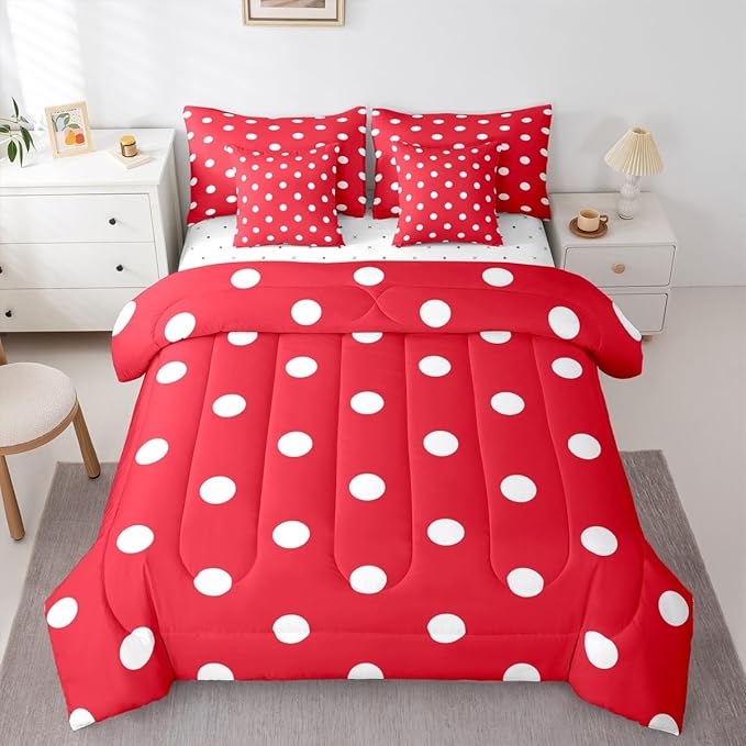 Feelyou Polka Dot 7 Piece Bedding Set Red White Comforter Set with Sheets for Kids Boys Girls Geometric Plaid Bed in a Bag Modern Cute Bed Set Soft Lightweight