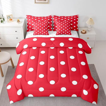 Feelyou Polka Dot 7 Piece Bedding Set Red White Comforter Set with Sheets for Kids Boys Girls Geometric Plaid Bed in a Bag Modern Cute Bed Set Soft Lightweight