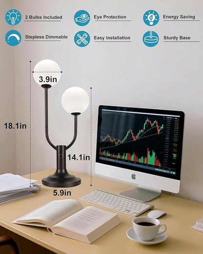 Modern Black Table Lamp for Bedroom, Dimmable Globe Table Lamp 2-Light Desk Lamp 3000K Warmwhite Nightstand Bedside Lamps for Living Room End Table(G9 Bulb Included)