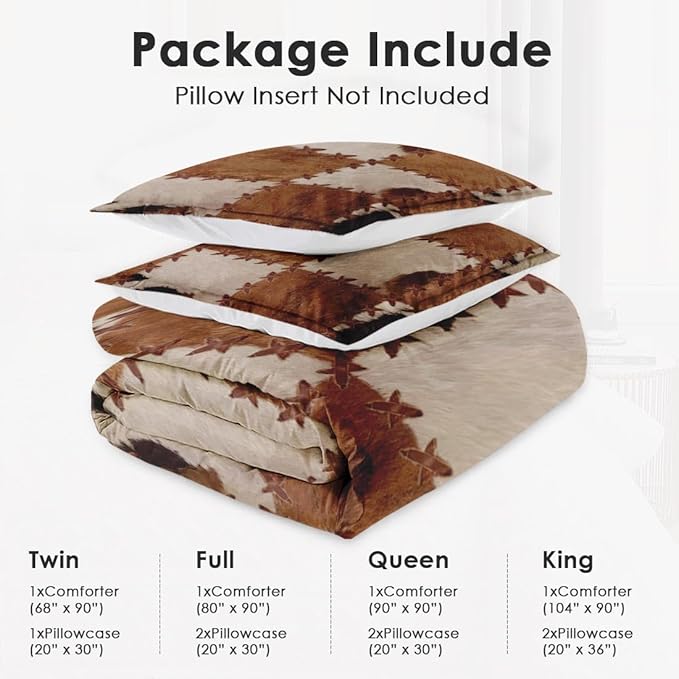 Full Size Comforter Set with 2 Pillowcases, Vintage Retro Cowhide Rustic Cow Soft 3 Pcs Bedding for Kids and Adults Bedroom Bed Decor