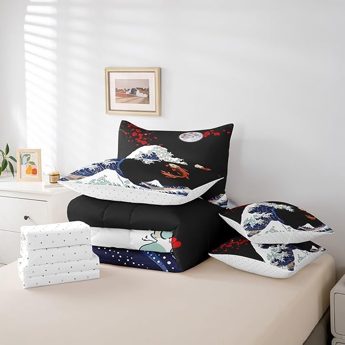 Erosebridal Koi Fish Bed in a Bag 7 Piece,Ukiyo-E Theme Comforter Set Full,Abstract Sea Wave Decor Down Comforter,Japanese Style Fitted Sheet,Red Cherry Blsossoms Bedding Set with Pillowcase & Sham
