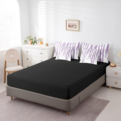 Erosebridal 7Pcs Lavender White Boho King Comforter Set,Geometric Stripes Striped Abstract Bed in A Bag for Women Men Adults Teens,Modern Art Aesthetic Violet Purple Ink Quilt Set with Pillowcases