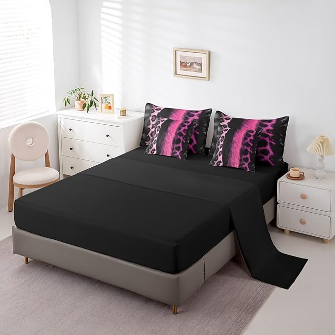 jejeloiu 3D Pink Leopard 7 Piece Bedding Set King Size Adult Leopard Comforter Set with Sheets for Boys Girls Animal Print Bed in a Bag Wild Animal Fur Bed Set