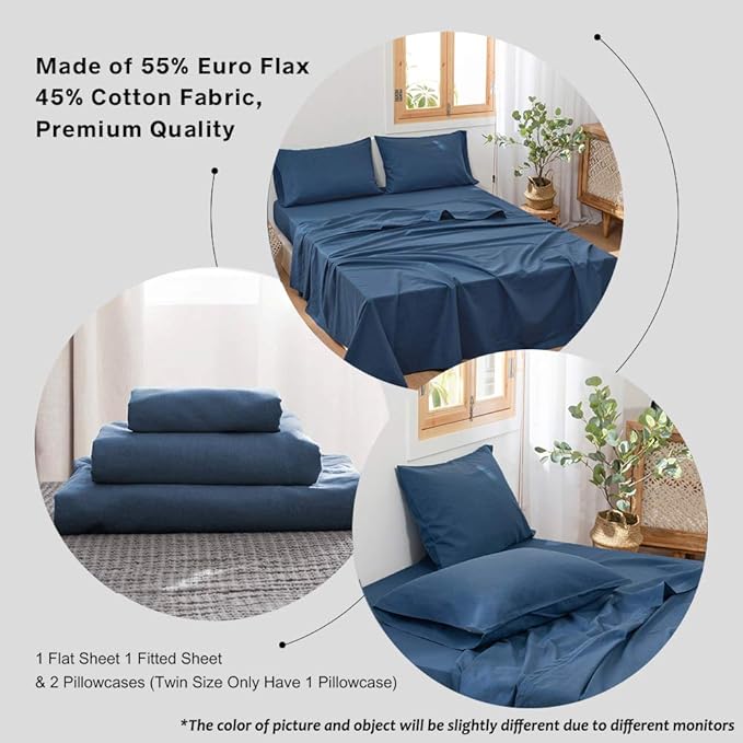 Simple&Opulence Belgian Linen Sheet Set Solid Color - 3 Pieces (1 Flat Sheet, 1 Fitted Sheet & 1 Pillowcase) Natural Flax Cotton Blend Soft Breathable Farmhouse Bedding - Twin Size, Classic Blue