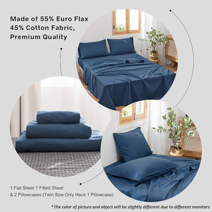 Simple&Opulence Belgian Linen Sheet Set Solid Color - 4 Pieces (1 Flat Sheet, 1 Fitted Sheet & 2 Pillowcases) Natural Flax Cotton Blend Soft Breathable Farmhouse Bedding - Full Size, Classic Blue