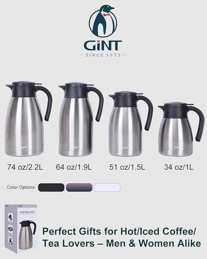 GiNT 34Oz Thermal Coffee Carafe, Insulated Stainless Steel Coffee Carafes for Keeping Hot/Double Walled Vacuum Coffee Carafe (Silver, 1L)