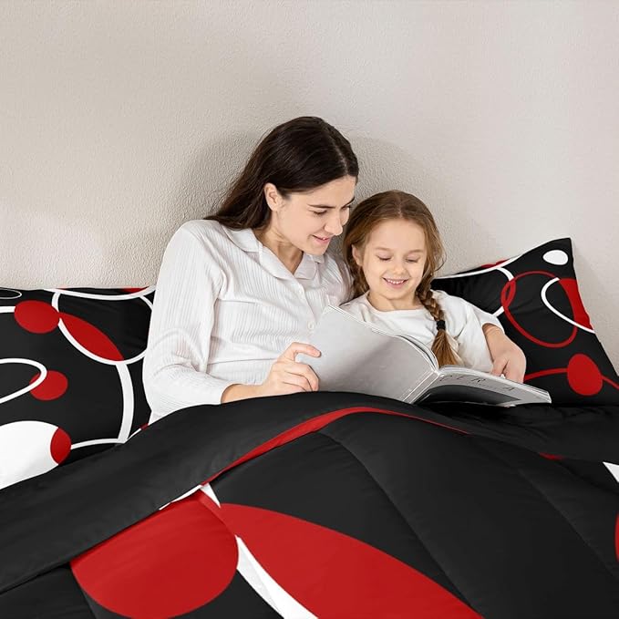 Erosebridal Modern Comforter Set Full Abstract Bedding Set for Kids Teen, White Red Black Down Comforter Geometric Circle Bed Sets, Geometric Quilted Duvet 3 Pieces