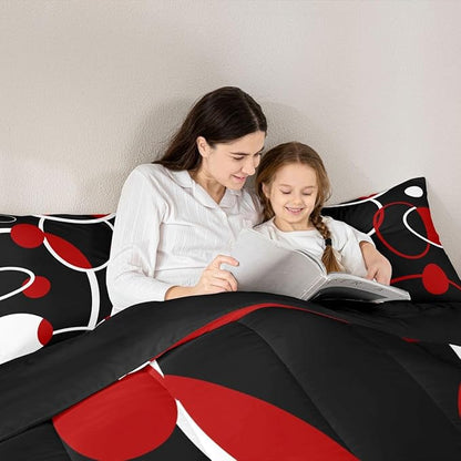 Erosebridal Modern Comforter Set Full Abstract Bedding Set for Kids Teen, White Red Black Down Comforter Geometric Circle Bed Sets, Geometric Quilted Duvet 3 Pieces