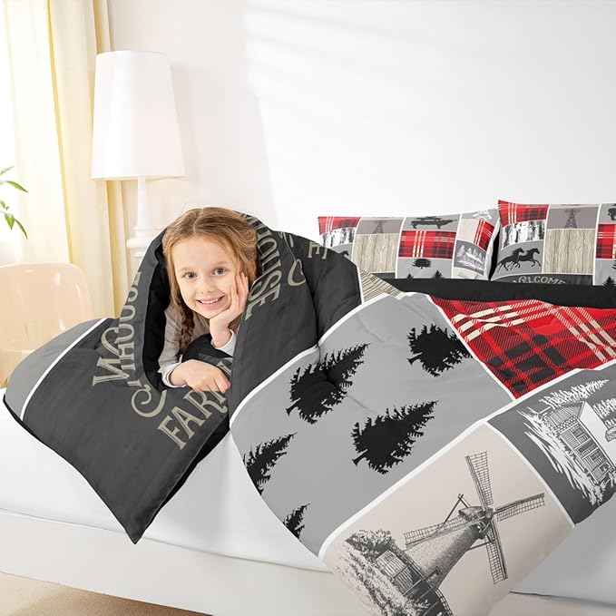 Erosebridal Cabin Rustic Lodge Comforter Set, Horseshoe Horse Quilt Full Size for Kids Boys Men Bedroom Decor,Country Windmill Down Comforter Retro Farmhouse Grid Patchwork Bedding, 2 Pillow Cases