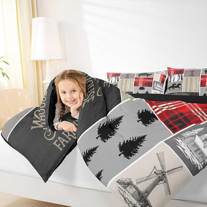 Erosebridal Cabin Rustic Lodge Comforter Set, Horseshoe Horse Quilt Twin Size for Kids Boys Men Bedroom Decor,Country Windmill Down Comforter Retro Farmhouse Grid Patchwork Bedding, 1 Pillow Case