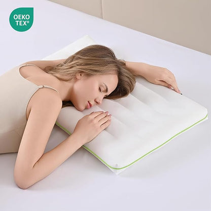 Low Profile Flat Thin Pillow (3.35″) for Stomach & Back Sleepers, Soft Flat Bed Pillow with 7D Fiber Fill & Cotton Cover, Standard Size, Machine Washable