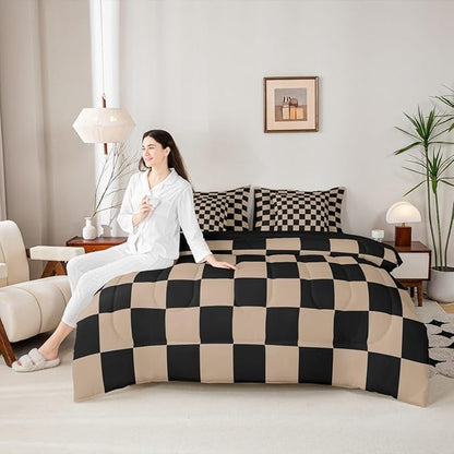 Feelyou Checkered Retro Comforter Set with Sheets 7 Piece King Size Brown Plaid Bed in a Bag Kids Boys Girls Geometric Vintage Bedding Set Modern Simple Groovy Aesthetic Bedroom Decor Breathable Soft