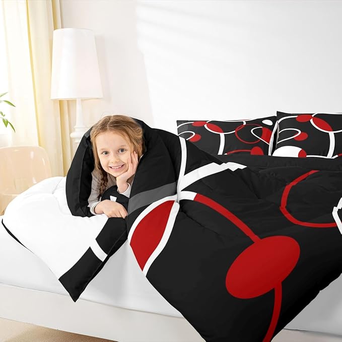 Erosebridal Geometric Comforter Set King Black and Red Circles Bedding Set, White Stripe Duvet Insert Abstract Modern Quilt Sets, Aesthetic Lines Bedding Comforters & Sets Minimalism Bedroom Decor