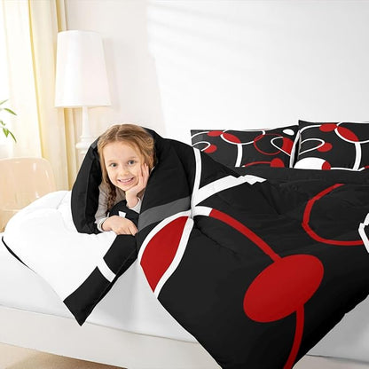 Erosebridal Modern Comforter Set Full Abstract Bedding Set for Kids Teen, White Red Black Down Comforter Geometric Circle Bed Sets, Geometric Quilted Duvet 3 Pieces