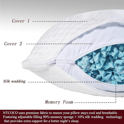 NTCOCO Shredded Memory Foam Bed Pillows for Sleeping Queen Size Set of 2,with Washable Removable Hypoallergenic Sleep Pillow for Back and Side Sleeper