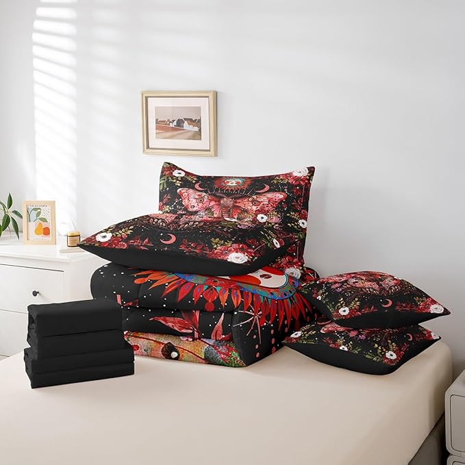 Feelyou Red Death Moth Bedding Set with Comforter, Boho Moth Comforter Twin Size 7Pcs Sun Moon Butterfly Bed in a Bag with Comforter, Boho Floral Flat Sheet, Fitted Sheet, Pillowcases Room Decor