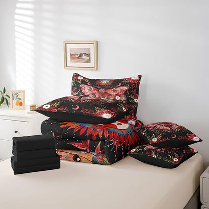 Feelyou Red Death Moth Bedding Set with Comforter, Boho Moth Comforter Full Size 7Pcs Sun Moon Butterfly Bed in a Bag with Comforter, Boho Floral Flat Sheet, Fitted Sheet, Pillowcases Room Decor