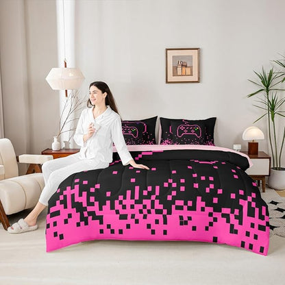 Castle Fairy Gamepad 7 Piece Comforter & Sheet Sets Twin Size,Pixel Miners Games Bedding Set Pink Plaid Patchwork Bed in a Bag Modern Fashion Flat & Fitted Sheets,4 Pillow Covers