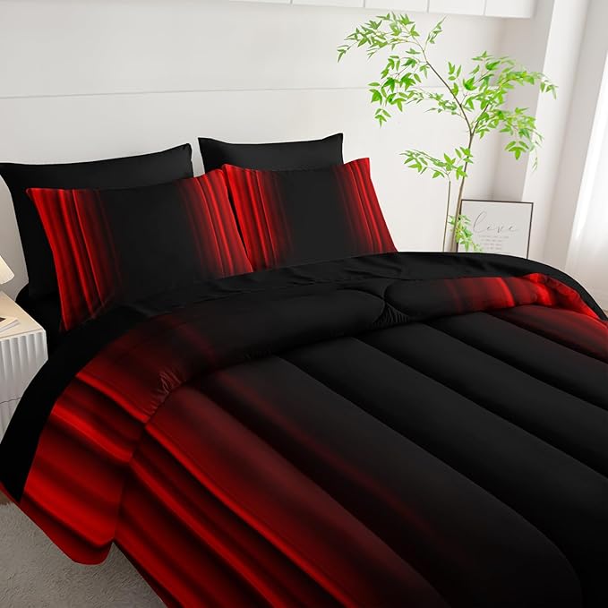 Red and Black Bedding Set Twin Size Abstract Ombre Comforter Set Bedding Set 7 Piece in A Bag,Dark Quilt Set Mordern Art Decor All Seasons with Pillowcases,Flat, Fitted Sheet