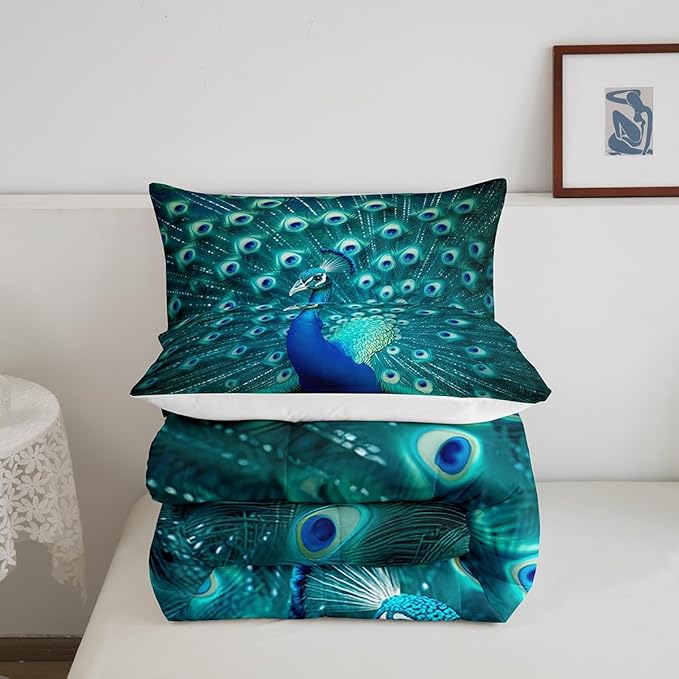 Erosebridal Peacock Bedding Set Queen Size Teal Cute Animal Pattern Comforter Set Peacock Feather Printed Decor Duvet Filler Adult Women Soft Quilted Duvet