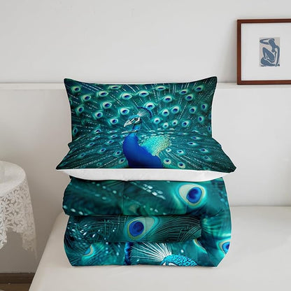 Erosebridal Peacock Bedding Set Queen Size Teal Cute Animal Pattern Comforter Set Peacock Feather Printed Decor Duvet Filler Adult Women Soft Quilted Duvet