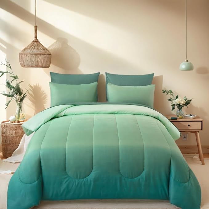 Queen Comforter Set Gradient Green - Bed in a Bag Queen Size 7 Pieces, Luxury Soft Bed Set for All Seasons, Bedding Set with Down Alternative Comforter, Sheets, Pillowcases & Shams