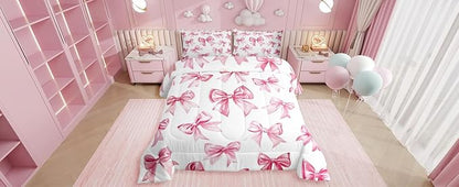Erosebridal Kawaii Bowknot Girls Bedding Set Dreamy Princess Style Comforter Set Queen for Kids Teen Women,Girly Cute Bow Bedding Comforter Sets Pink Bow Tie Bed Duvet Set 2 Pillow Cases