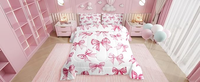 Erosebridal Kawaii Bowknot Girls Bedding Set Dreamy Princess Style Comforter Set Full for Kids Teen Women,Girly Cute Bow Bedding Comforter Sets Pink Bow Tie Bed Duvet Set 2 Pillow Cases