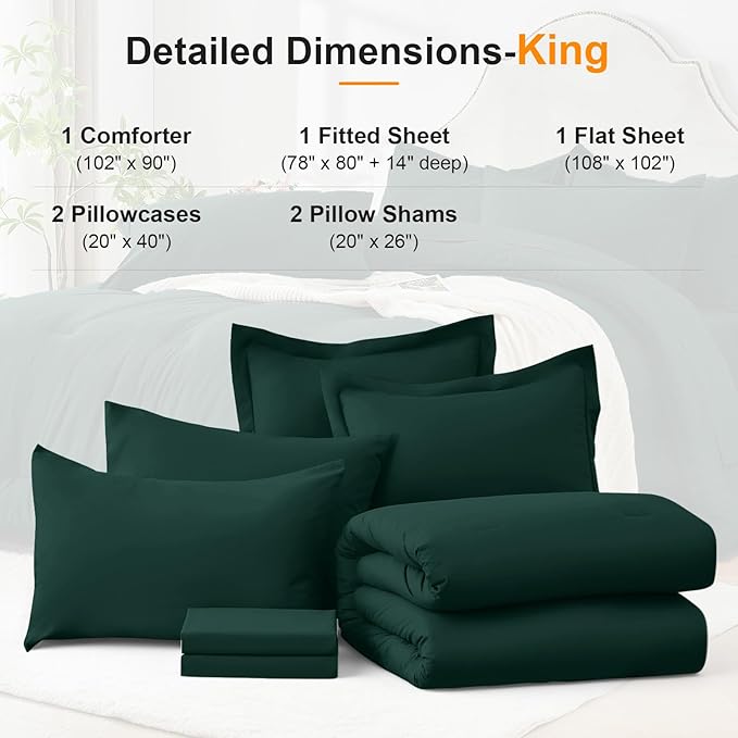King Size Comforter Set 7 Pieces - Soft Bed in a Bag King Bed Set, Cozy Luxury Bedding Sets with All Season Comforter, Flat Sheet, Fitted Sheet, 2 Pillowcases & 2 Shams, Dark Green