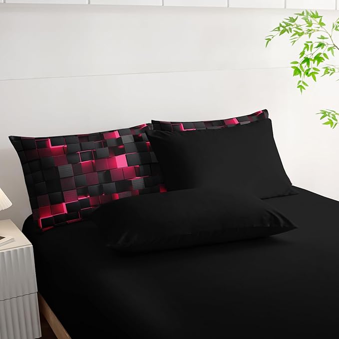 Geometric Pink Black Queen Comforter Set,Light Honeycomb Bedding Set 7 Piece in A Bag,Bed Sheet Set Geometry Decor,Microfiber Lightweight All Season