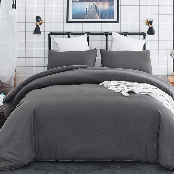 KAREVER Deep Grey Comforter Set Full Dark Gray Beddig Set for Kids Teens Adult Solid Gray Color Bedding Set 3 Pieces with 2 Pollowcases Lightweight Durable Gray Full Blanket Quilts Set