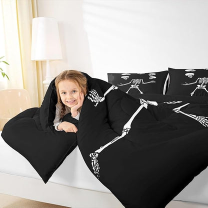 Erosebridal Juggling Skeleton Twin Bedding Set, Halloween Juggling Skull Comforter Set for Kids Boys Teens Men Horror Halloween Decor, Gothic Skull Comforter, Black Quilt 2 Piece