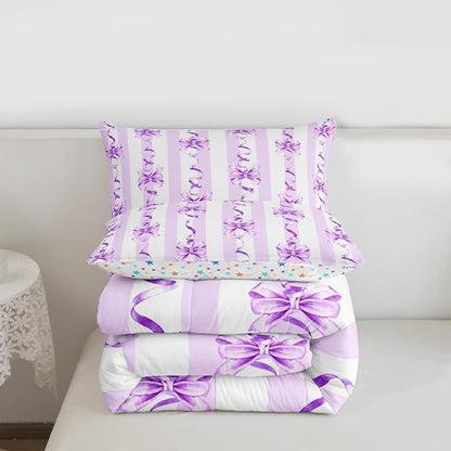 Erosebridal Purple Watercolor Bow Bedding Set King Dreamy Princess Style Comforter Set Cute Kawaii Bowknot Bedding Comforter Sets for Kids Girls Teen Women,Romantic Coquette Bow Tie Quilt