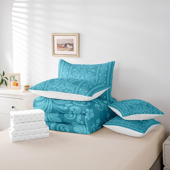 Comforter Set Twin Size, Cyan Damask Aztec 7 Pcs Bedding for Kids and Adults, Baroque Western Boho Gothic Floral Bed Sheet Sets with Fitted Sheet 2 Pillowcases & 2 Shams for Bedroom Bed Decor