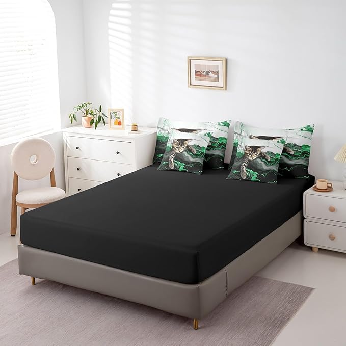 Erosebridal Green Marble Cat Bedding Set Twin Watercolor Marble Ink Fluid Bed in A Bag Luxury Modern Marbling Comforter Sets with Sheets Retro Artwork Style Aesthetic Bed Set(Green, Twin)
