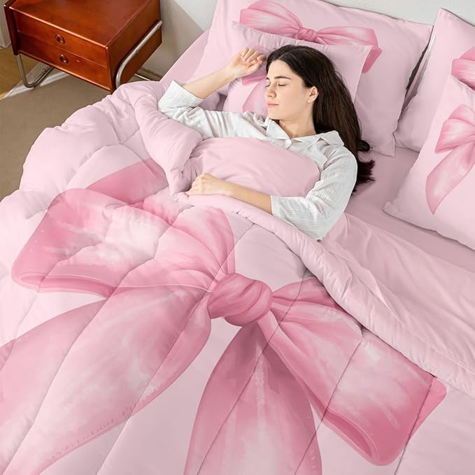 Feelyou Pink Bow Comforter Set King Size 7 Pieces Cute Bowknot Bedding Set for Kids Boys Girls Pricess Style Bed in a Bag with Comforter, Sheets, Pillowcases, Cushion Covers Kawaii Bedroom Decor