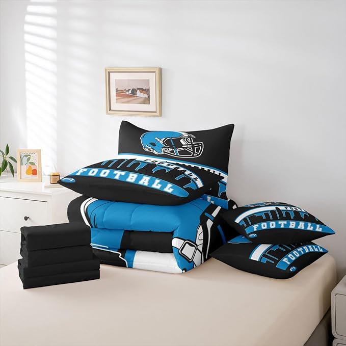 Erosebridal Football 7 Pcs Comforter Set King Football City Bedding for Teens Black Football Fans Sheet Set Bed in A Bag Rugby Game Bedroom Decor Sports Ball Competition Bed Set
