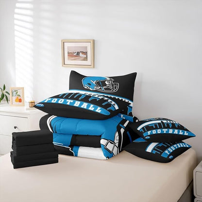 Erosebridal Football 7 Pcs Comforter Set King Football City Bedding for Teens Black Football Fans Sheet Set Bed in A Bag Rugby Game Bedroom Decor Sports Ball Competition Bed Set