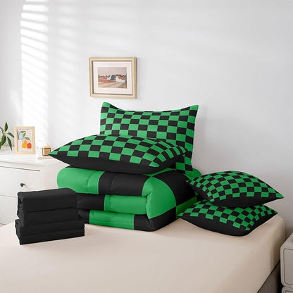 Feelyou Checkered 7 Piece Bedding Set Teen Green Black Plaid Comforter Set with Sheets Queen Size Kids Boys Cute Retro Neutral Checkerboard Geometric Bed in a Bag Vintage Aesthetic Room Decor