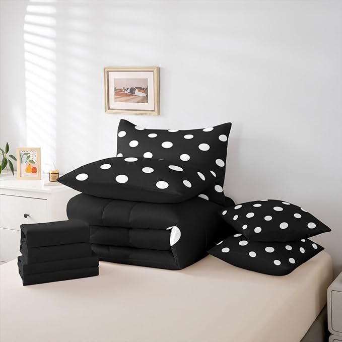 Feelyou Polka Dot 7 Piece Bedding Set Black White Comforter Set with Sheets for Kids Boys Girls Geometric Plaid Bed in a Bag Modern Cute Bed Set Soft Lightweight