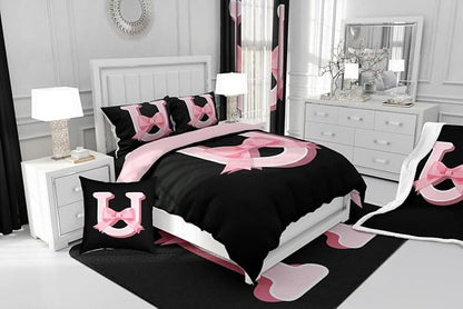 jejeloiu Kawaii Pink Bow King Comforter Set with Sheets,Gifts for Women Teen Girl,Monogrammed 7 Piece Bedding Set,Soft Personalized Initial Letter U Bed in a Bag with Comforter,Sheets,Pillowcases