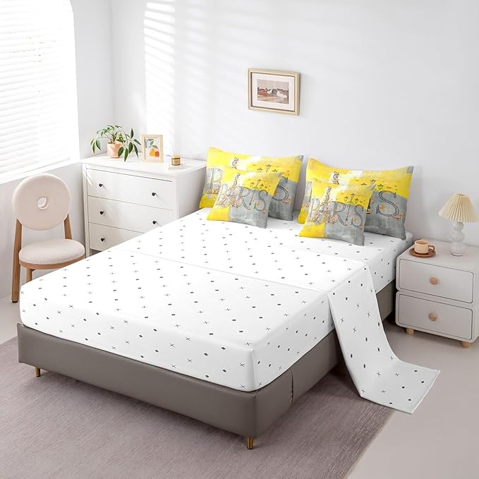 Erosebridal Paris Print Bedding Comforter Sets 7 Pieces Yellow Grey Bedding Set, Abstract Twin Size Comforter Set (1 Comforter, 1 Fitted Sheet, 1 Flag Sheet, 2 Pillowcases, 2 Throw Pillow Covers)