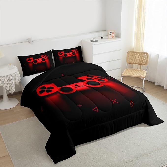 Boys Gamer Comforter Set King Size,Gamepad Bedding Set Kids Young Man Video Games Down Comforter for Teen Child Game Room Decor Black Red Classic Retro Gaming Quilted Duvet Set with Pillowcase