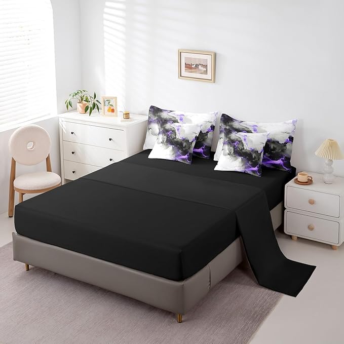 Erosebridal Black Purple Marble Twin Comforter Set 7-Piece Grey Marbling Bedding Comforter Sets, Modern Aesthetic Bed in a Bag Mountain Fluid Bedding Set, Foil Print Stone Pattern Bed Sheets Set