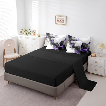 Erosebridal Black Purple Marble Twin Comforter Set 7-Piece Grey Marbling Bedding Comforter Sets, Modern Aesthetic Bed in a Bag Mountain Fluid Bedding Set, Foil Print Stone Pattern Bed Sheets Set