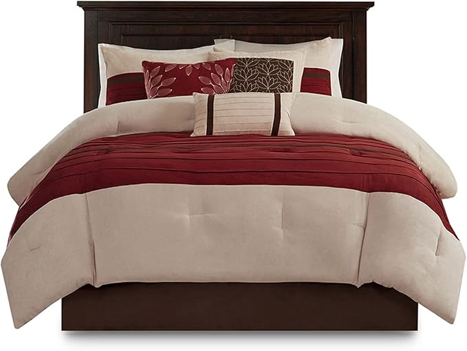 Madison Park Palmer Comforter Set-Luxury Faux Suede Design, Striped Accent, All Season Down Alternative Bedding, Matching Shams, Decorative Pillow, Bed Skirt, King (104 in x 92 in), Red 7 Piece